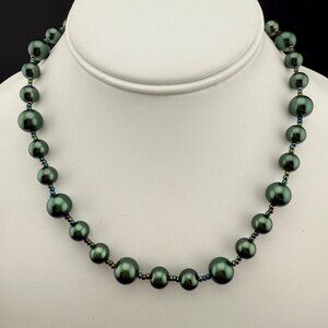 Kissaka Green Glass Bead Faux Pearl Necklace With Gold-Tone Clasp Elegant Design